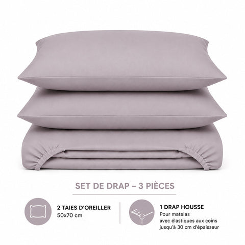 Set de drap Gris (Drap housse + 2 Taies d'oreiller) - Douceur Absolue - Dwirty Maroc
