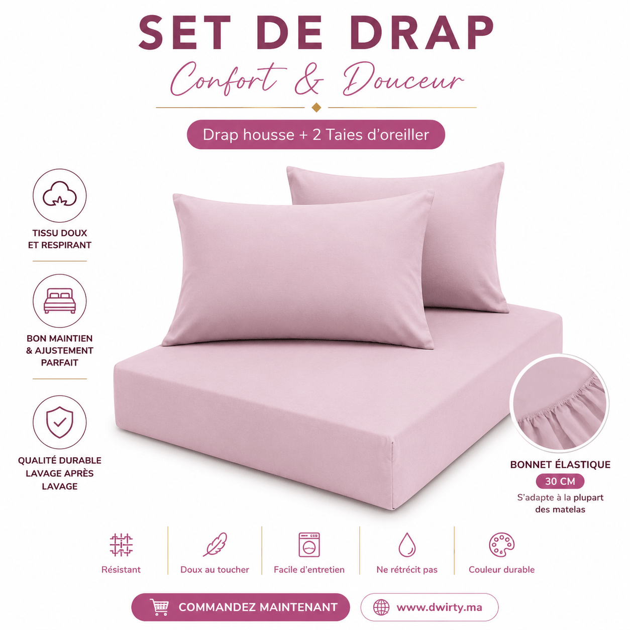 Set de Drap ROSE (Drap Housse + TO 50x70 cm) - Doux & Antiallergique - drap housse Dwirty Maroc