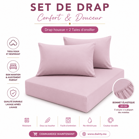 Set de Drap ROSE (Drap Housse + TO 50x70 cm) - Doux & Antiallergique - drap housse Dwirty Maroc