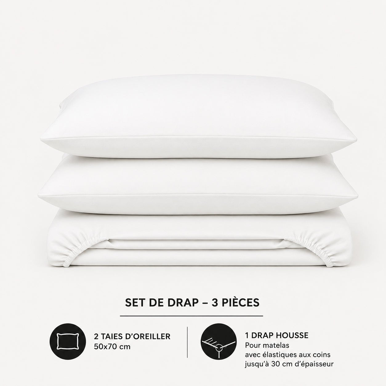 Set draps uni : drap-housse + 2 taies