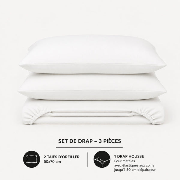 Set de drap uni Blanc (Drap housse + 2 Taies d'oreiller) - Douceur Absolue - Dwirty Maroc