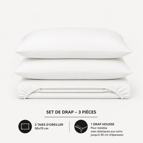 Set de drap uni Blanc (Drap housse + 2 Taies d'oreiller) - Douceur Absolue - Dwirty Maroc