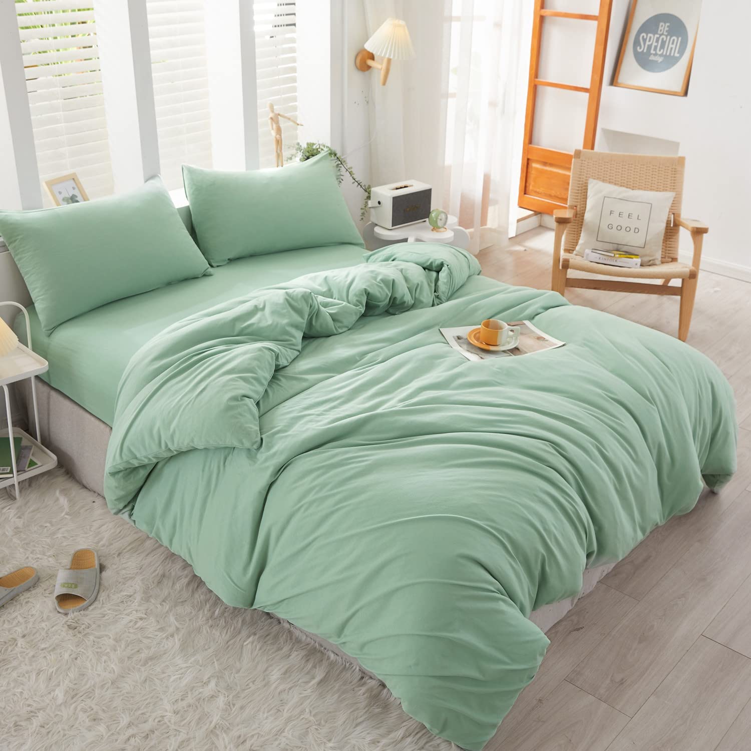 Housse Couette Vert Clair + Taies d'oreillers Offerts